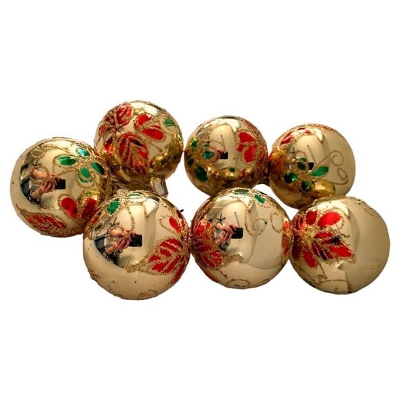 Commodore Christmas Classics Ornaments x 7 Glass Ball Hand Decorated Poinsettia. - Picture 11 of 16